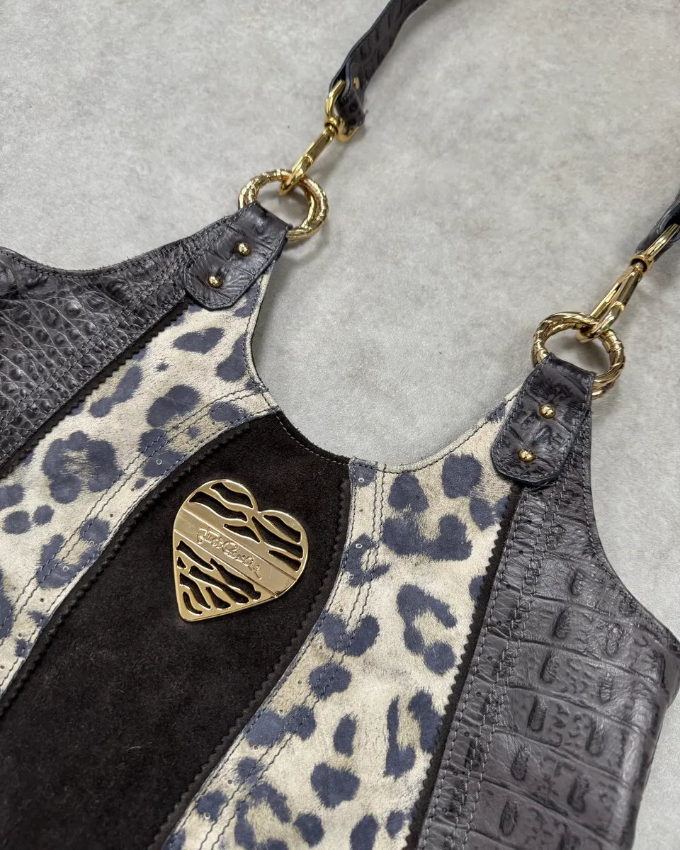Just Cavalli Brown Suede Crocodile Effect Leather Leopard Shoulder Bag - Image 4