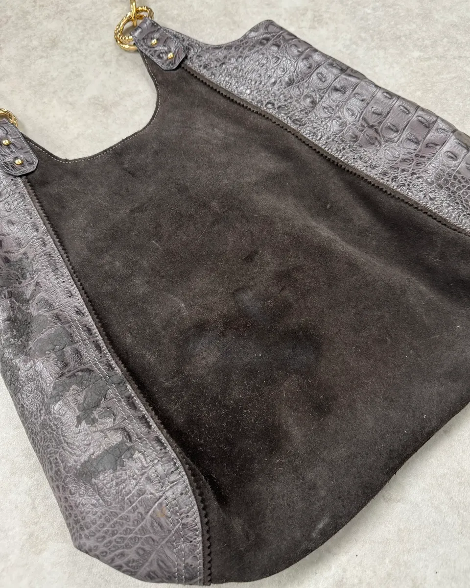 Just Cavalli Brown Suede Crocodile Effect Leather Leopard Shoulder Bag - Image 9