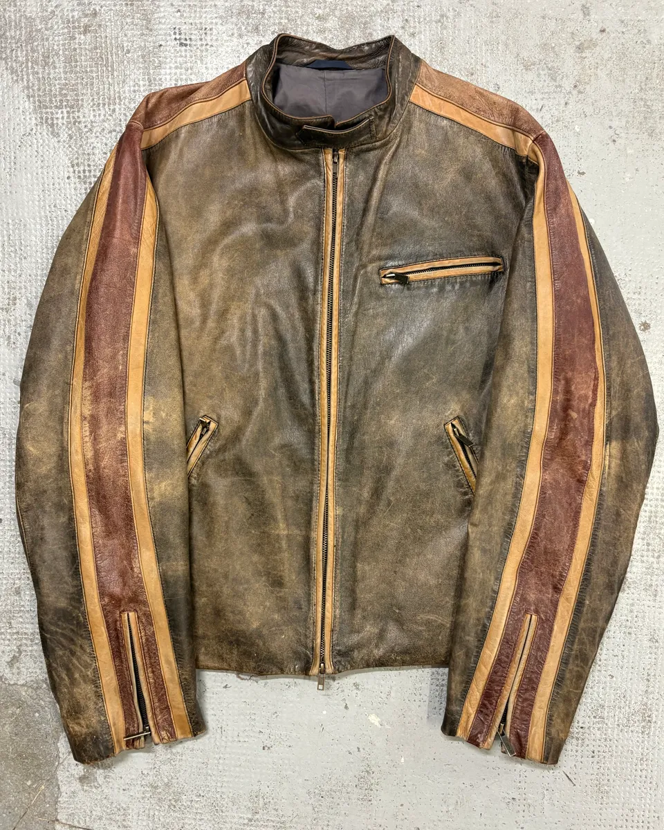 Kenzo Brown Eroded Racer Leather Jacket