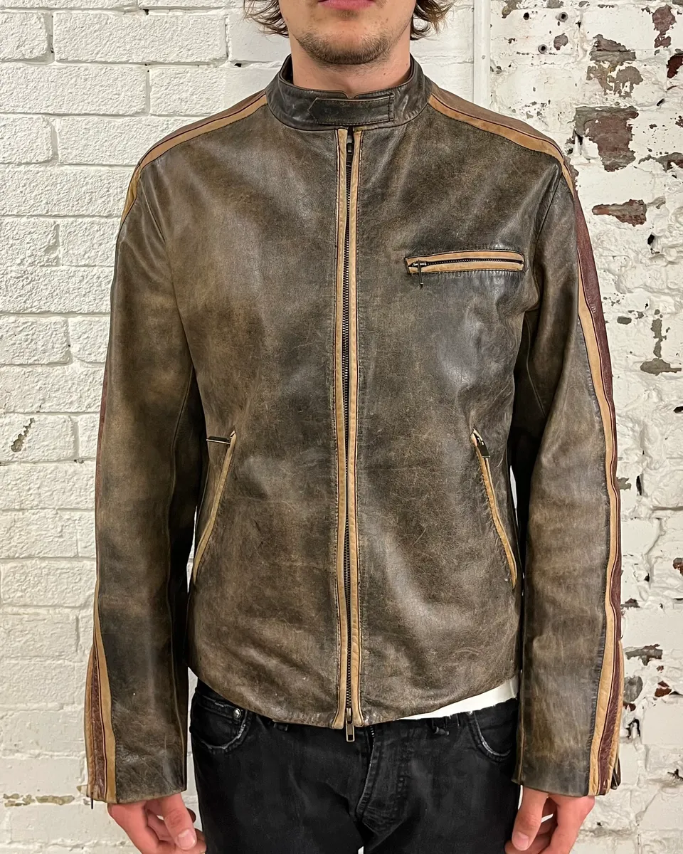 Kenzo Brown Eroded Racer Leather Jacket - Image 2