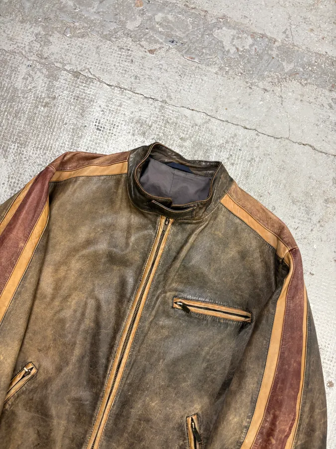 Kenzo Brown Eroded Racer Leather Jacket - Image 4