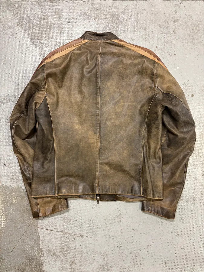 Kenzo Brown Eroded Racer Leather Jacket - Image 5