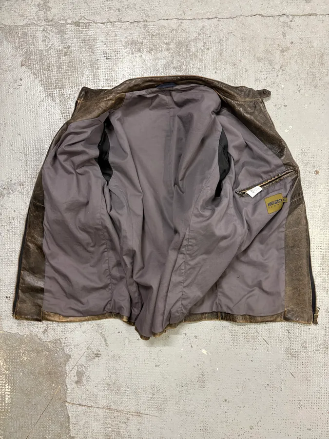 Kenzo Brown Eroded Racer Leather Jacket - Image 7