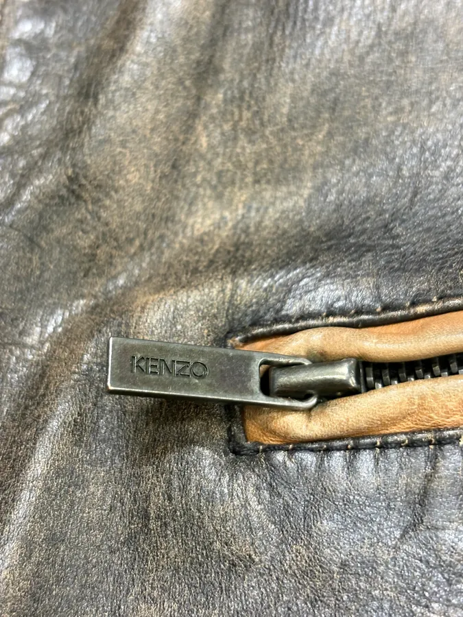 Kenzo Brown Eroded Racer Leather Jacket - Image 9