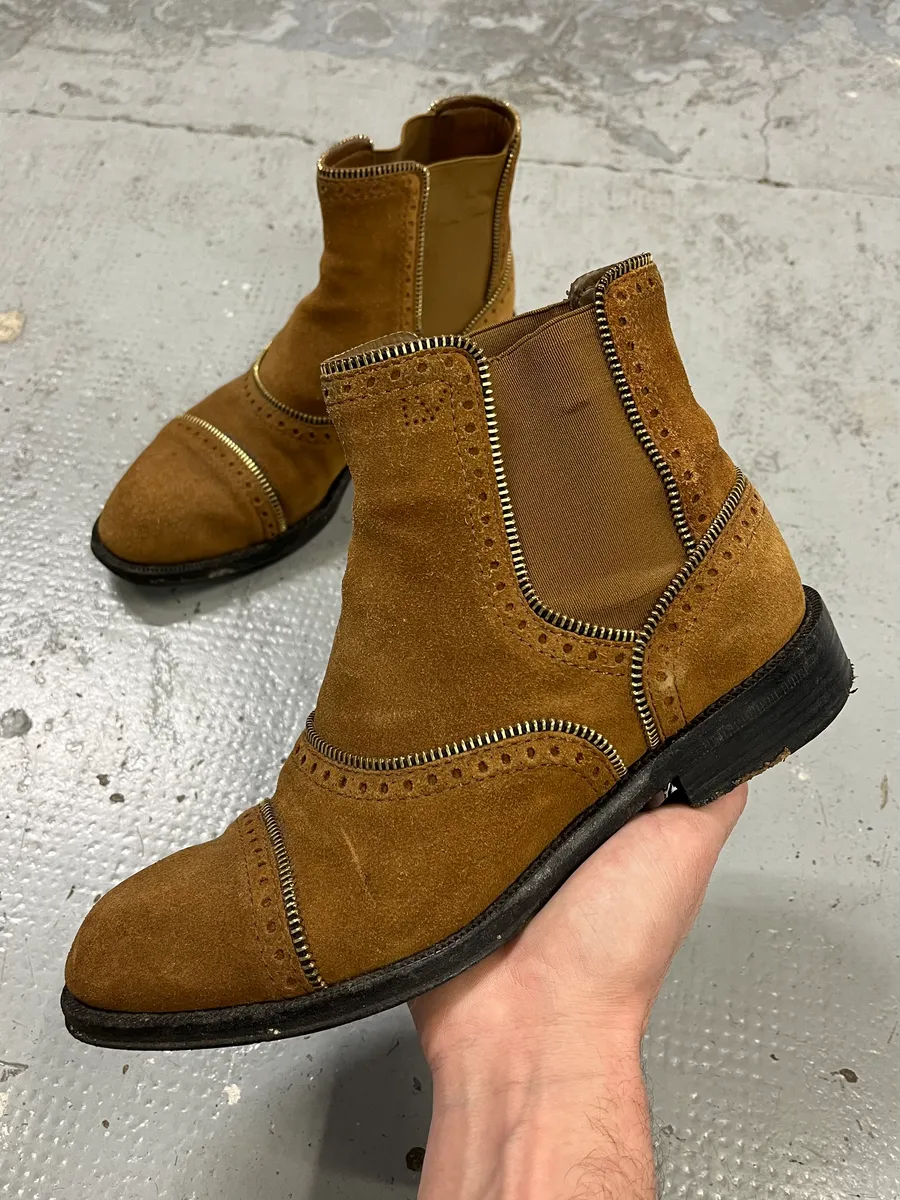 Louis Vuitton Camel Suede Multi Zip Leather Boots