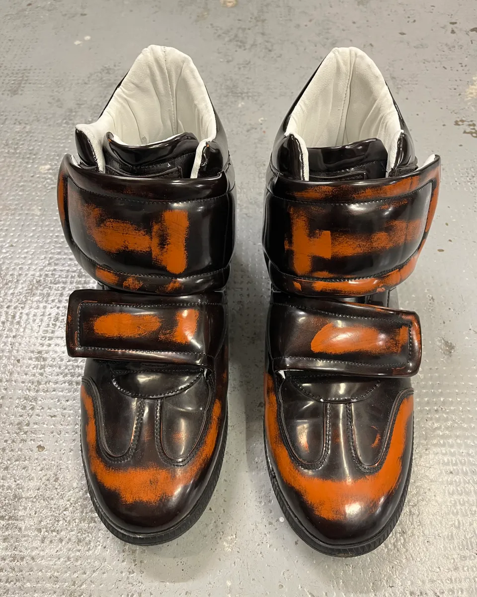 Maison Margiela Black Orange Leather Double Strap High Sneakers - Image 6