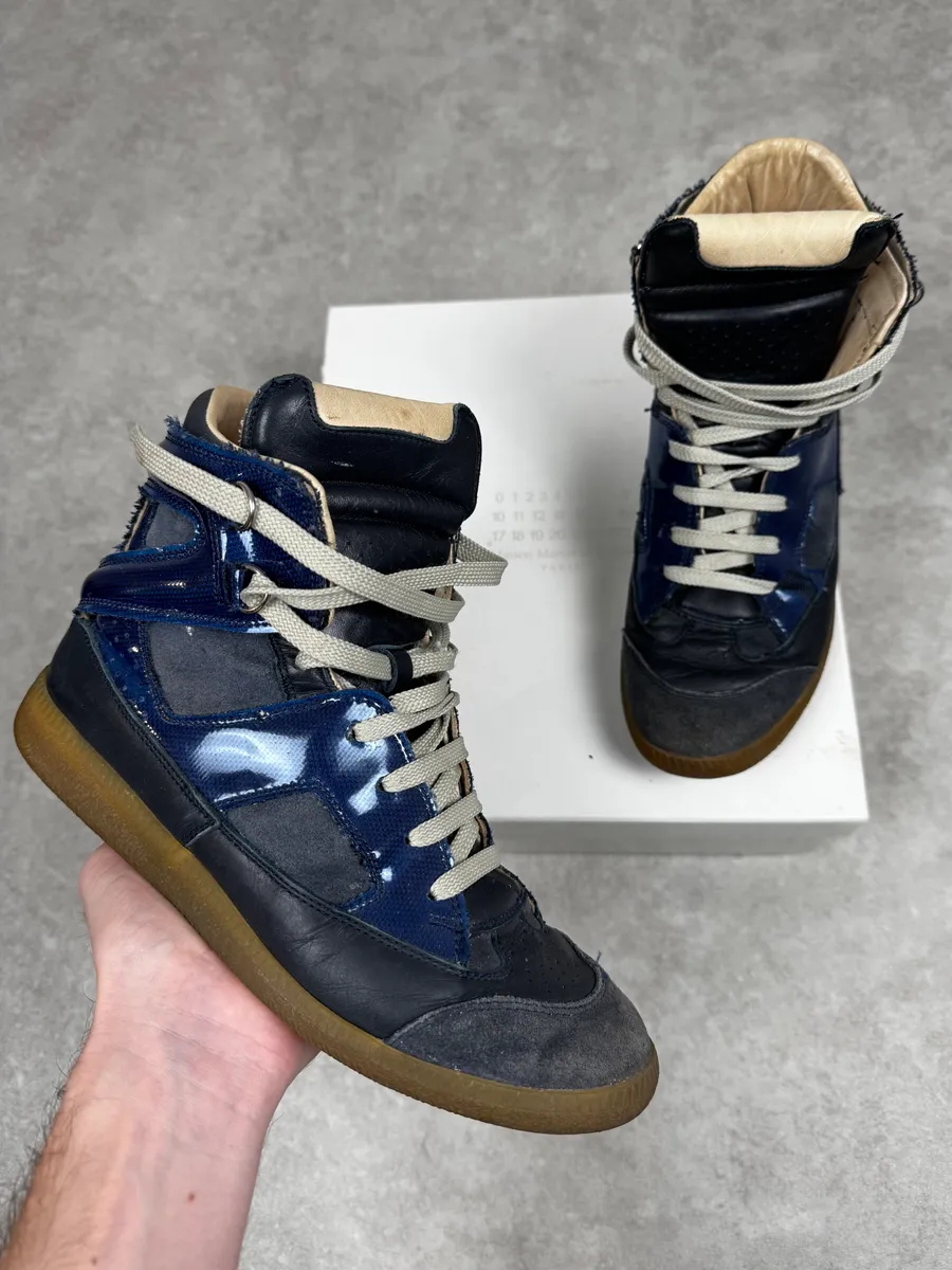 Maison Margiela Navy Blue Satin & Suede Leather Gum High Sneakers