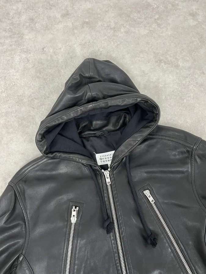 Maison Martin Margiela 3 Zips Hooded Black Leather Jacket - Image 4