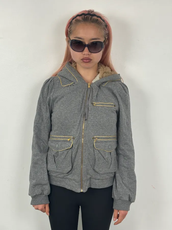 Marc Jacobs Grey Fur Hooded Cargo Zip Up Sweater - Image 2