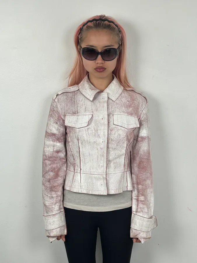Marc Jacobs White & Pink Crackled Leather Light Jacket - Image 2