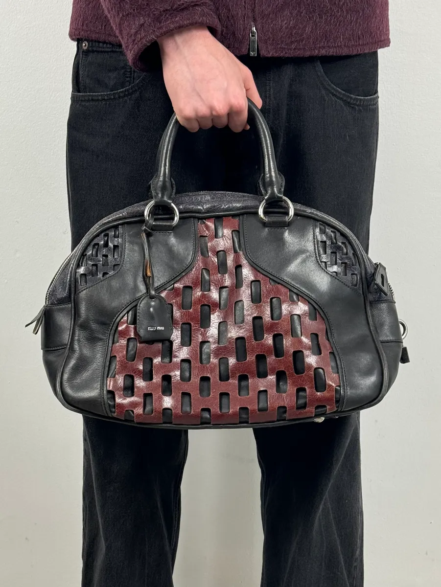 Miu Miu Black Burgundy Leather Bowling Bag - Image 3