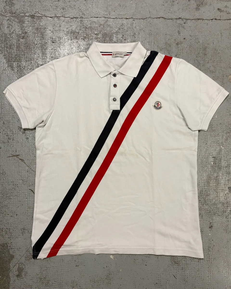 Moncler White Frenchie Striped Polo