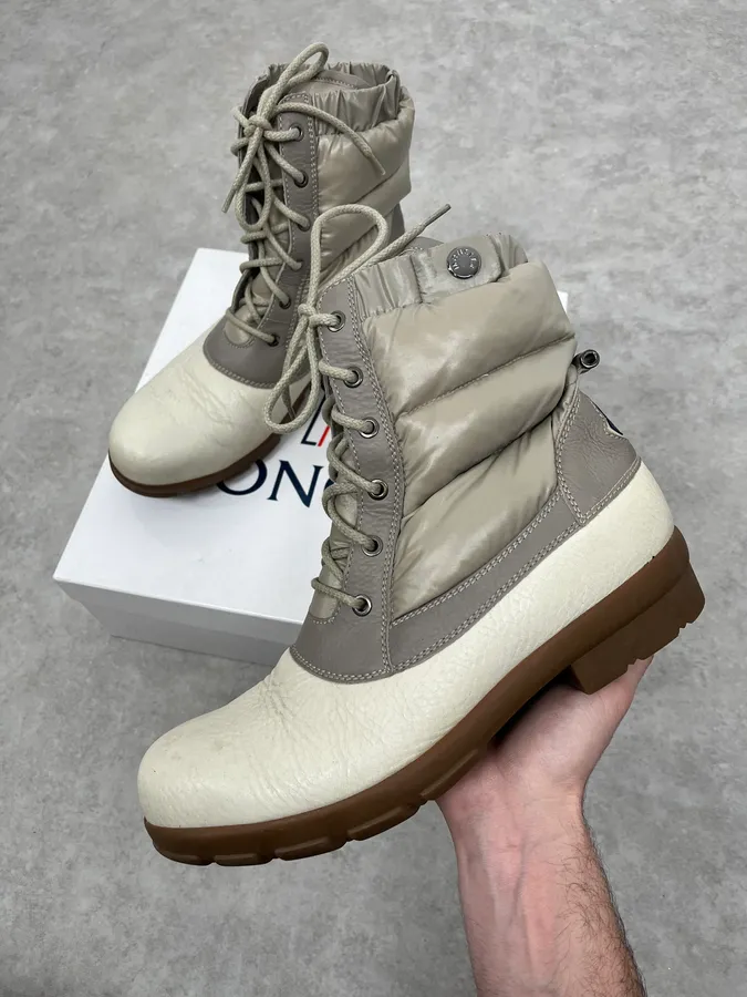 Moncler White & Grey Leather Puffer Boots