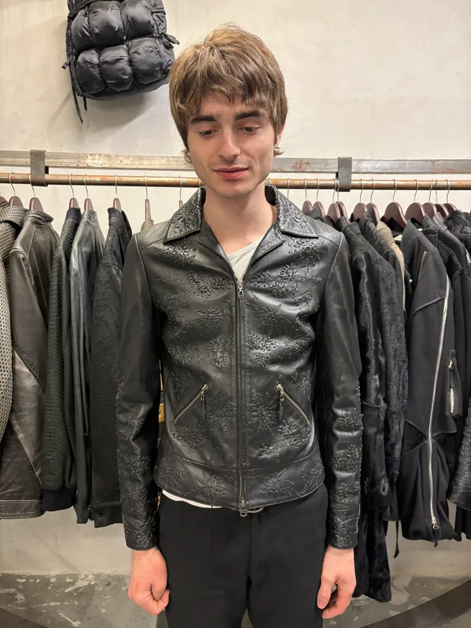 Moschino Embossed Flower Ornament Black Leather Jacket - Image 2