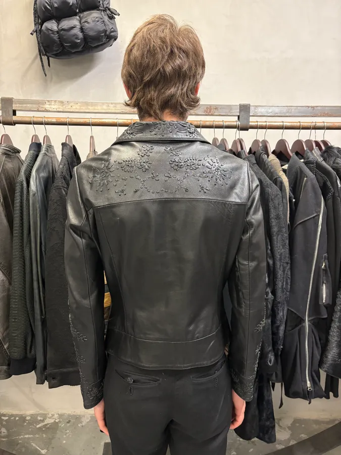 Moschino Embossed Flower Ornament Black Leather Jacket - Image 3