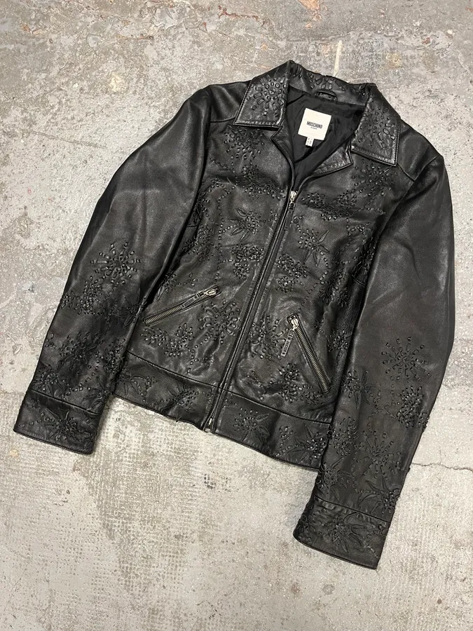 Moschino Embossed Flower Ornament Black Leather Jacket - Image 4