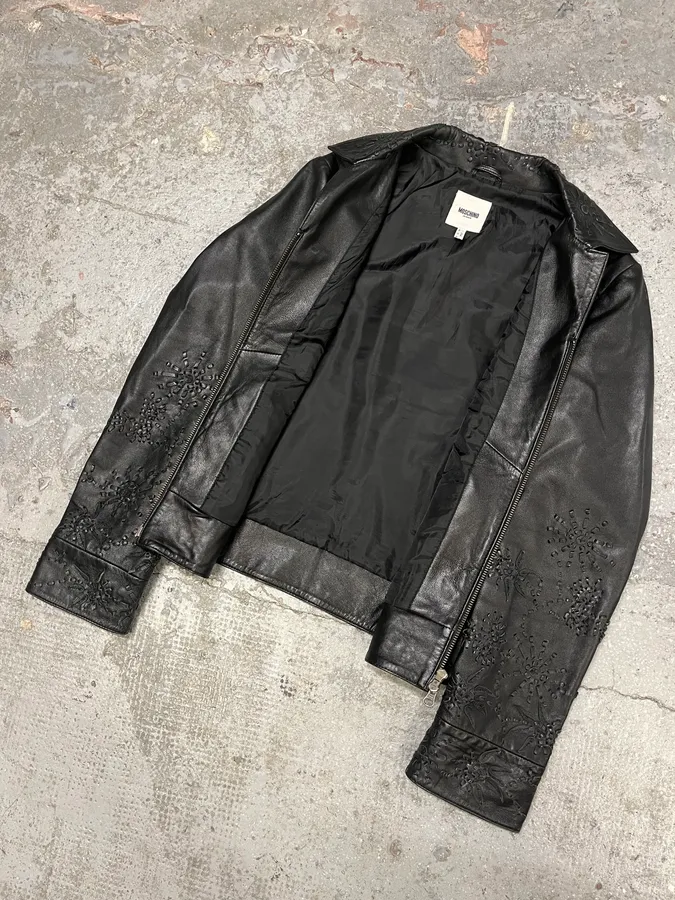 Moschino Embossed Flower Ornament Black Leather Jacket - Image 5