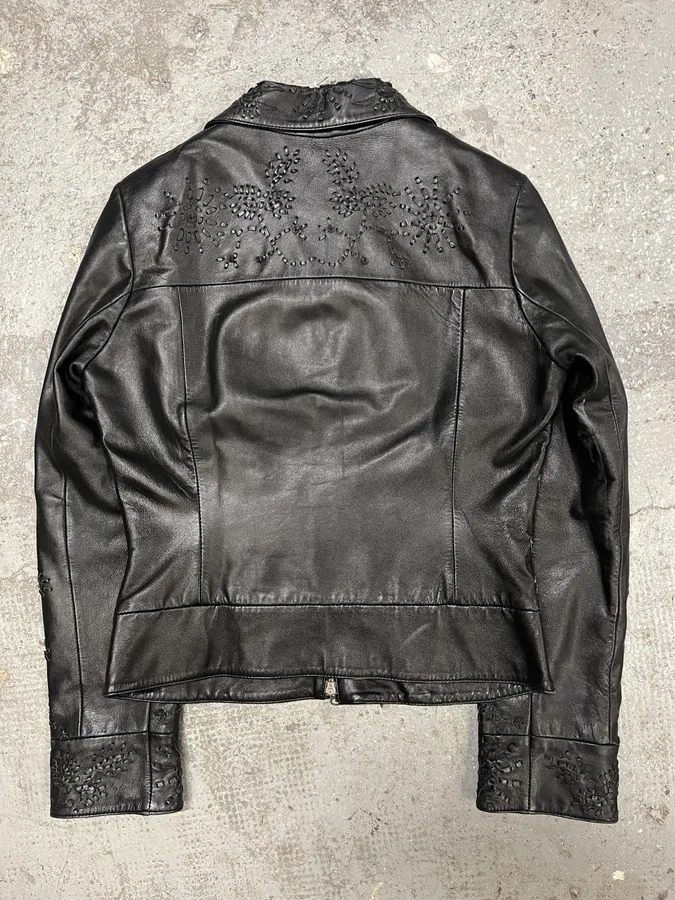 Moschino Embossed Flower Ornament Black Leather Jacket - Image 7