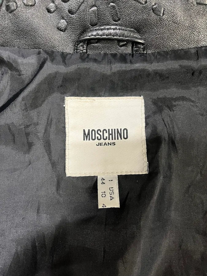 Moschino Embossed Flower Ornament Black Leather Jacket - Image 8