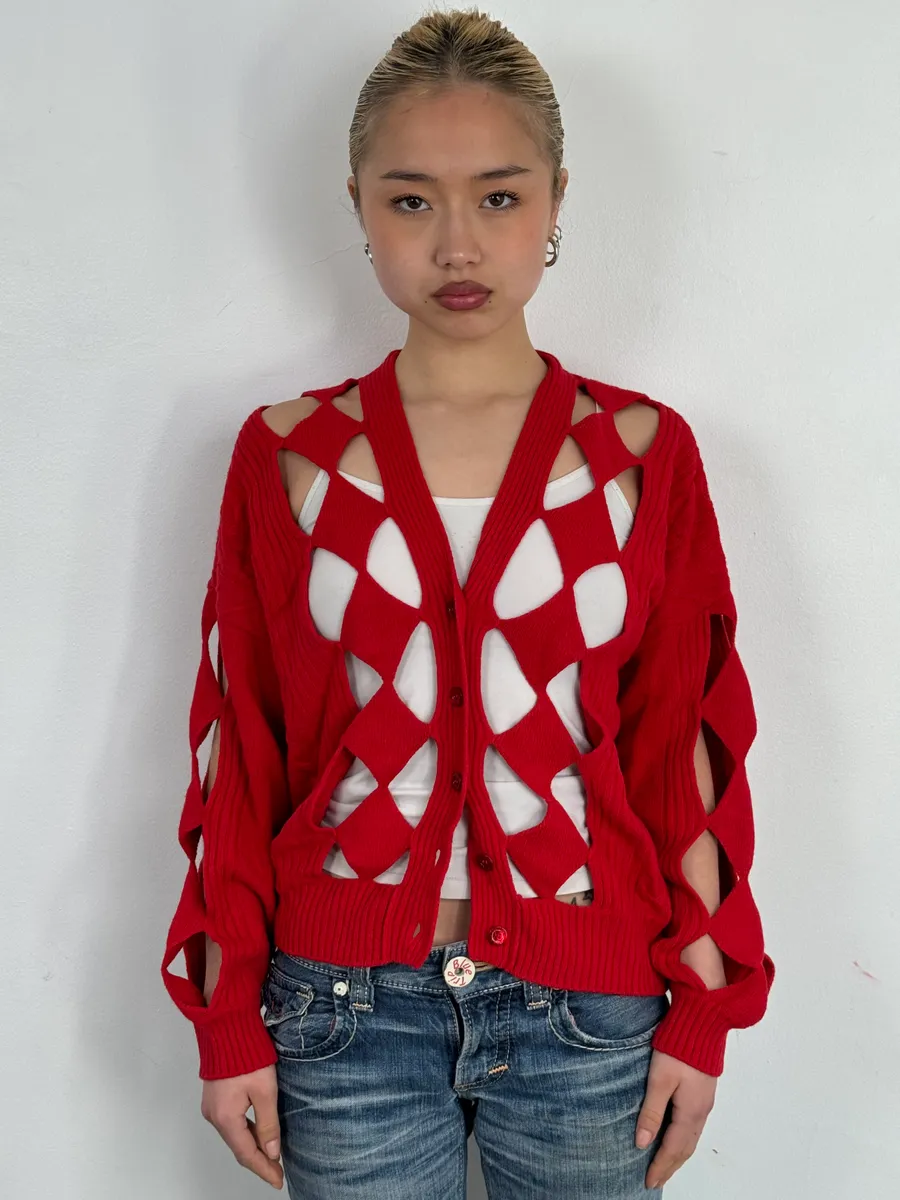 Moschino Perfored Red Geometrical Cardigan - Image 2