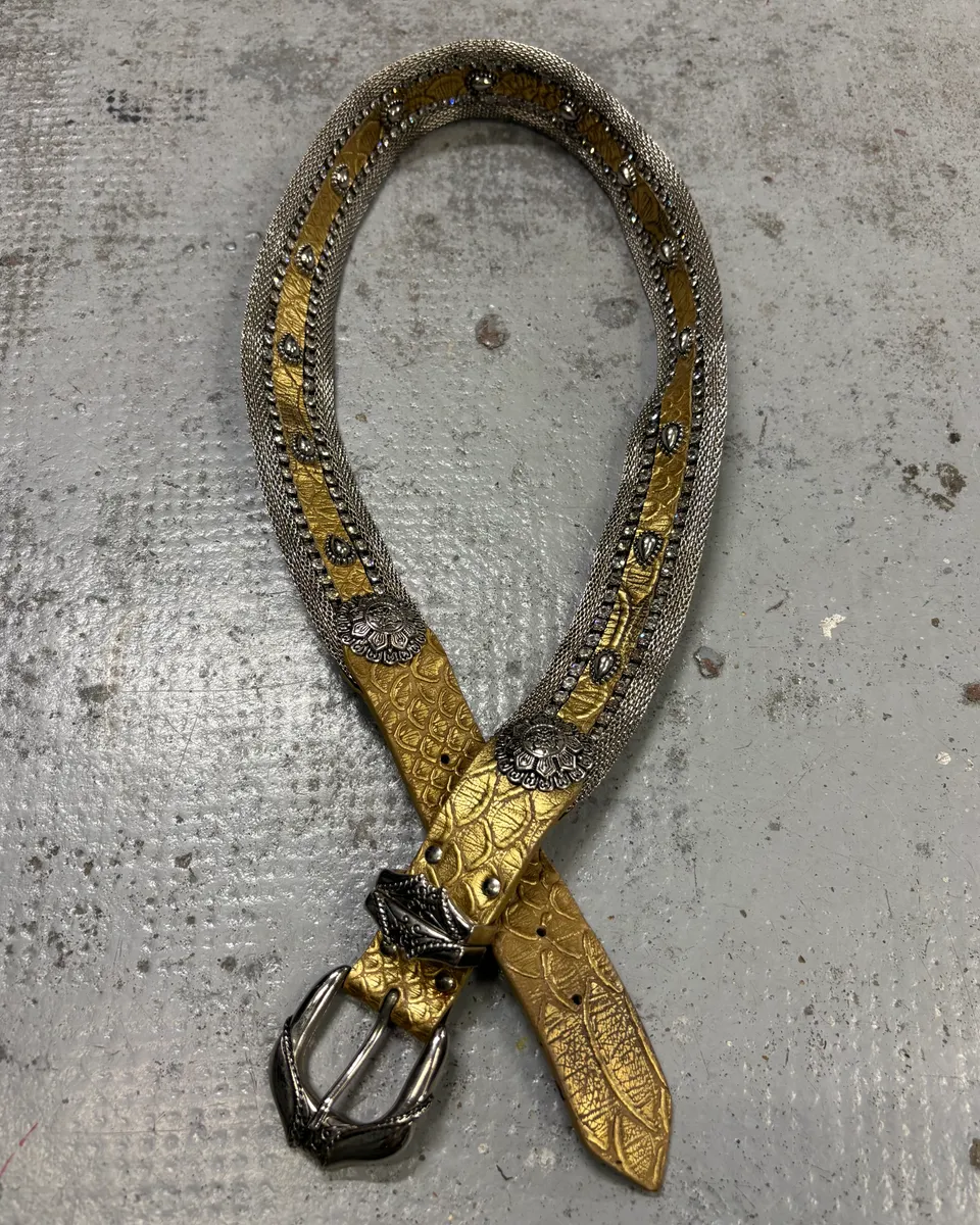 Nanni Gold Yellow Leather Python Effect Studded Belt