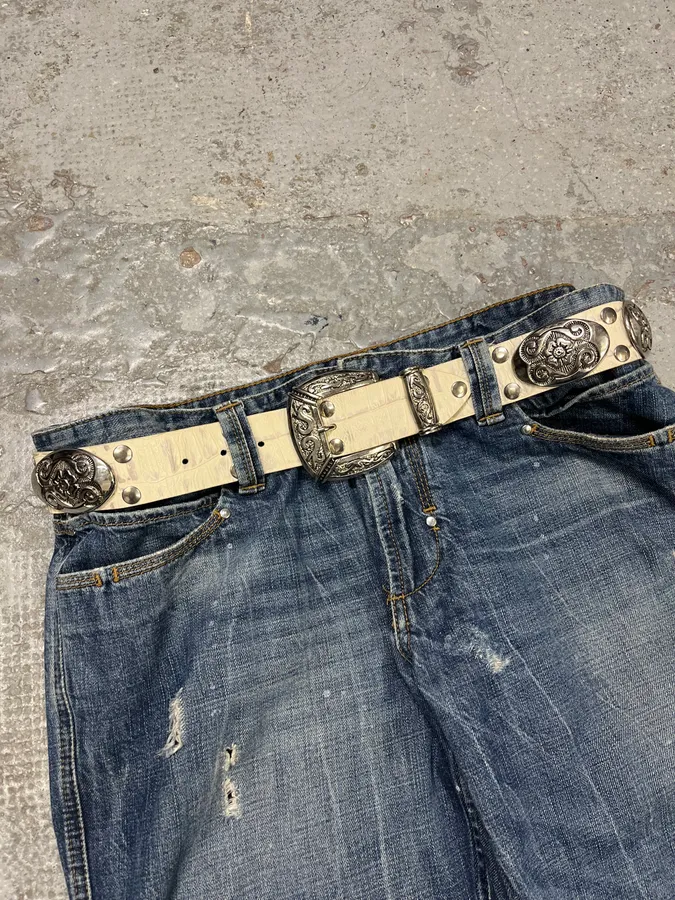 Nanni Studded Crocodile Effect White Leather Belt