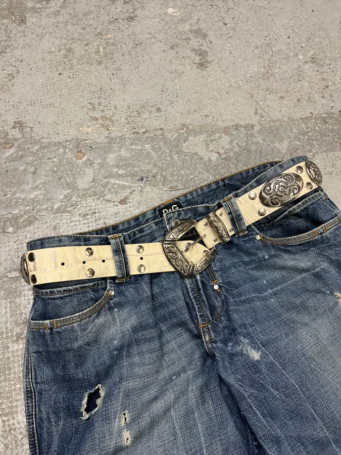 Nanni Studded Crocodile Effect White Leather Belt - Image 3