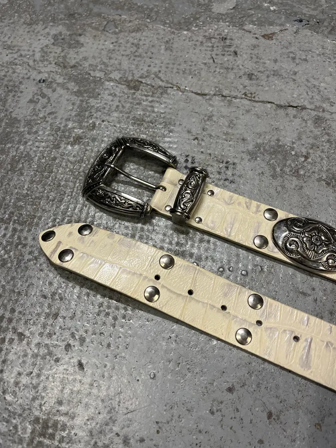 Nanni Studded Crocodile Effect White Leather Belt - Image 5
