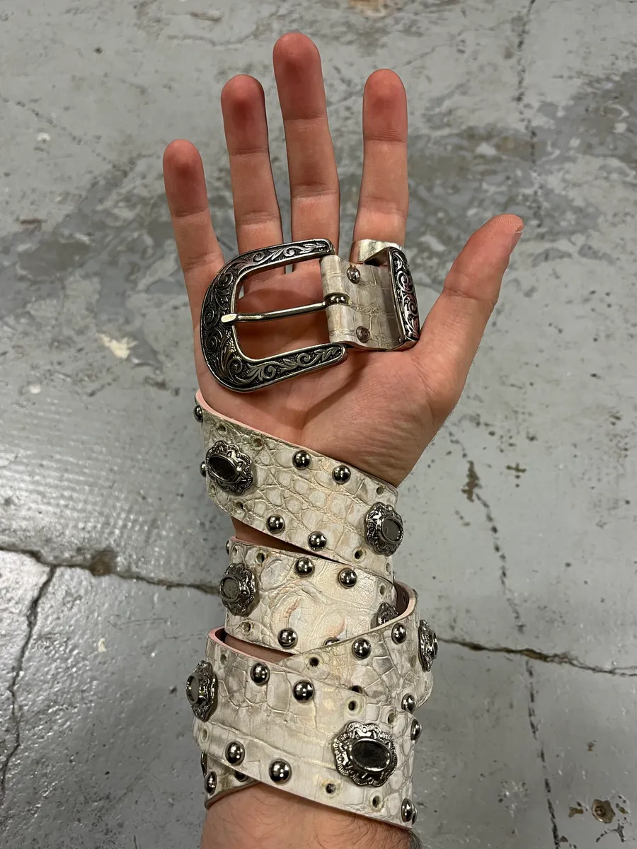 Nanni Studded White Crocodile Effect Leather Belt