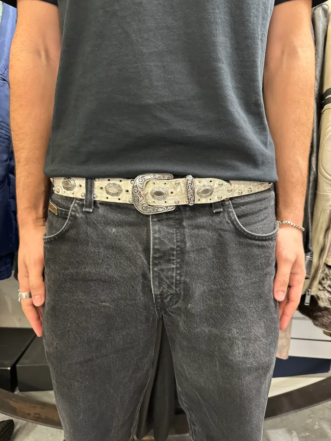 Nanni Studded White Crocodile Effect Leather Belt - Image 2