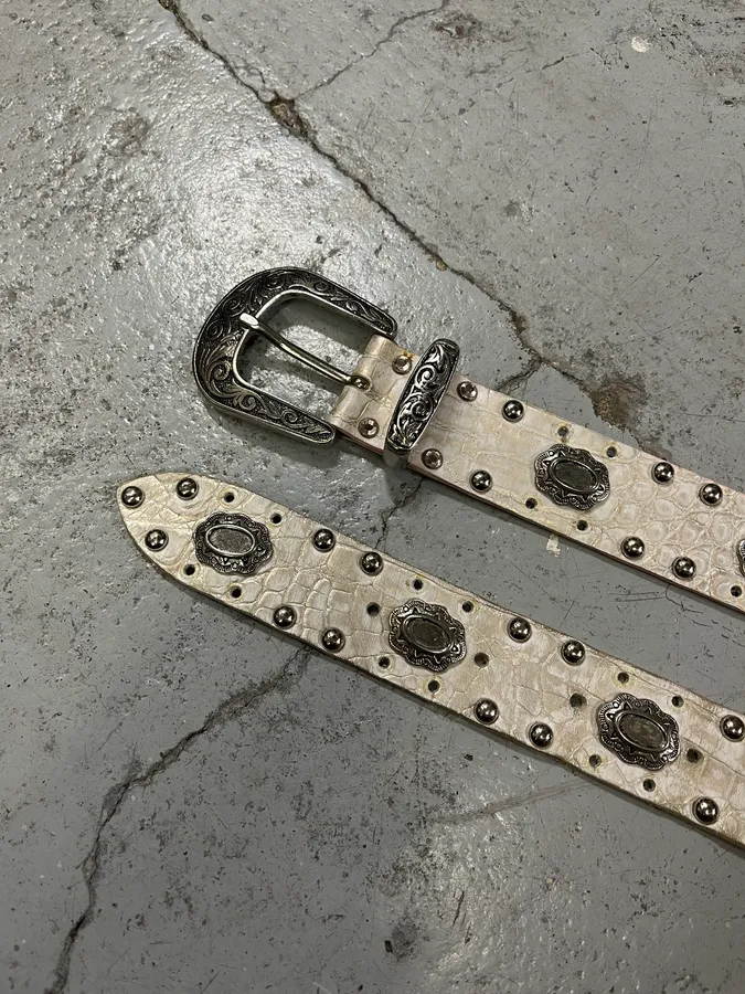Nanni Studded White Crocodile Effect Leather Belt - Image 4
