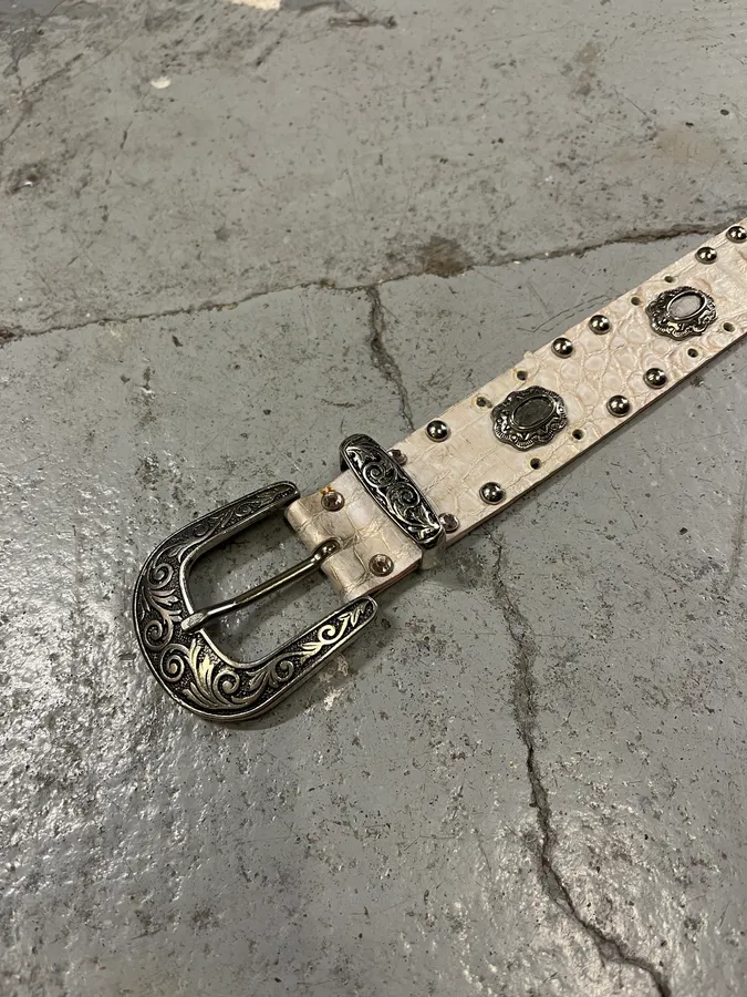 Nanni Studded White Crocodile Effect Leather Belt - Image 5