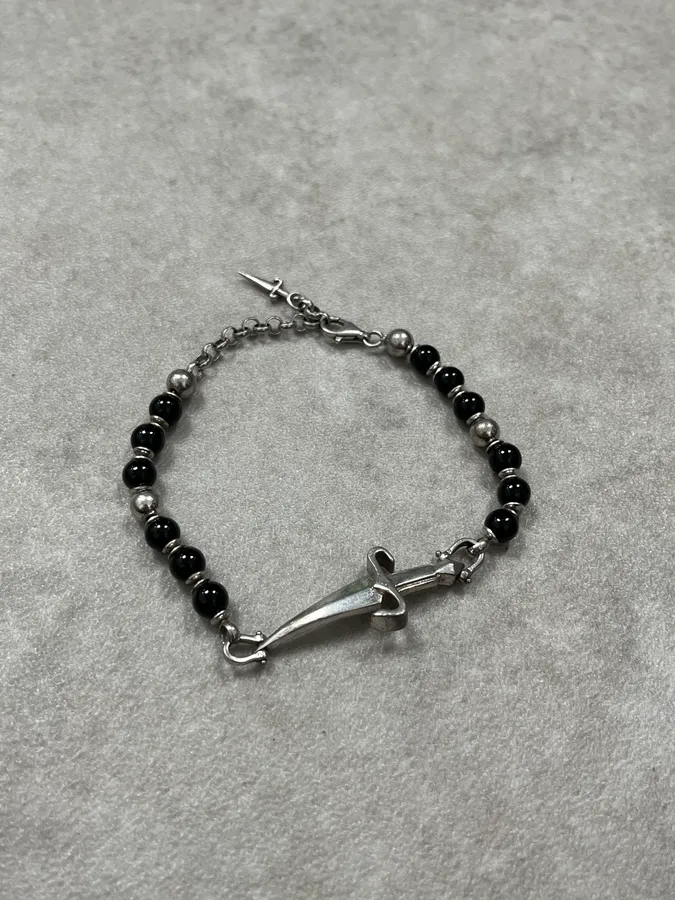 Paciotti Black Silver Beaded Bracelet Cross Charm One Size