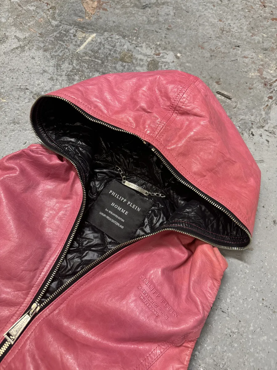 Philipp Plein Limited Deadskull Sleeveless Hooded Red Leather  Jacket - Image 11