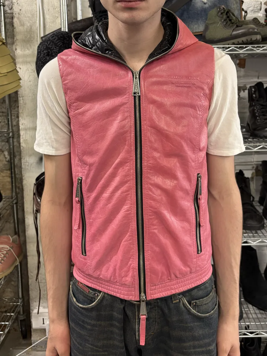 Philipp Plein Limited Deadskull Sleeveless Hooded Red Leather  Jacket - Image 3
