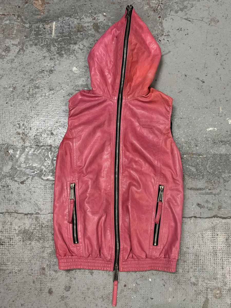 Philipp Plein Limited Deadskull Sleeveless Hooded Red Leather  Jacket - Image 5