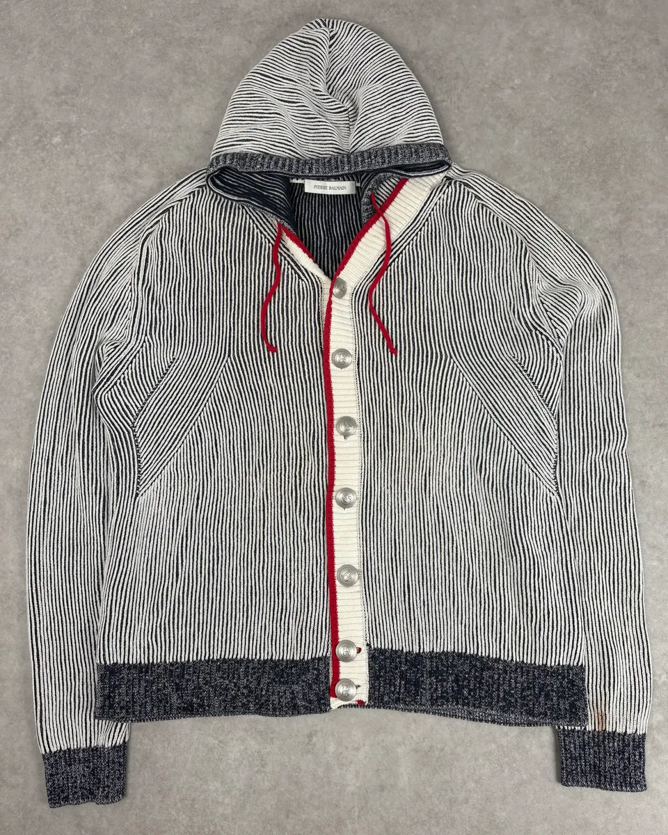 Pierre Balmain White & Grey Hooded Buttoned Cardigan Sweater