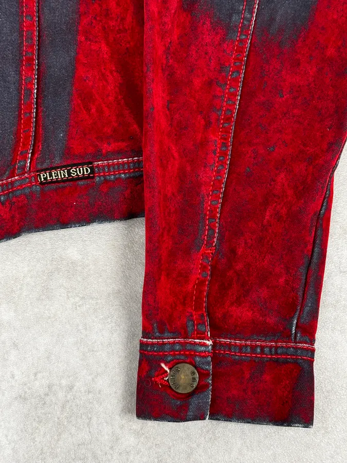 Plein Sud Red & Blue Gradient Velvet Denim Trucker Jacket - Image 10