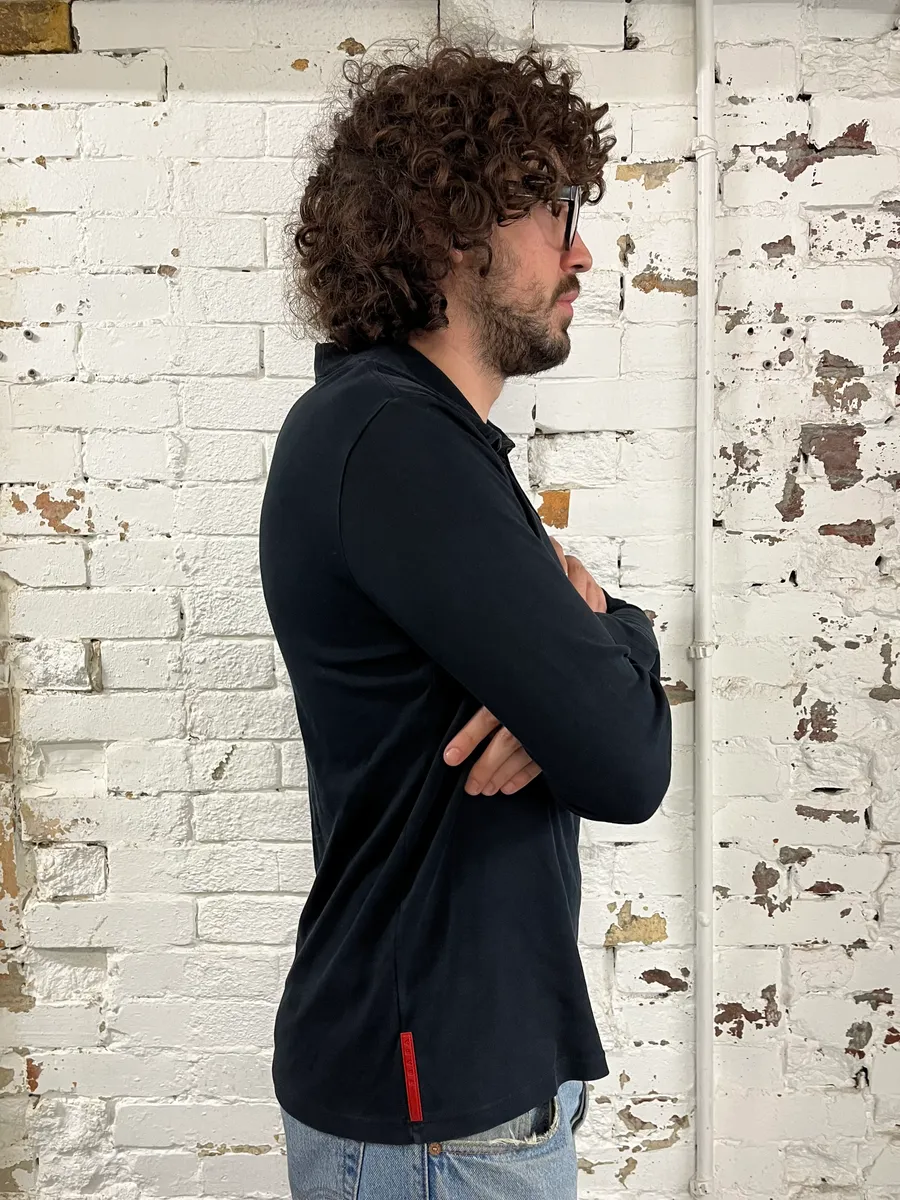 Prada Black Cotton Red Linea Rossa Tape Longsleeve Polo - Image 3