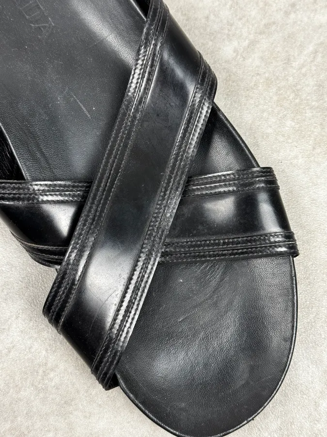 Prada Black Cross Leather Band Sandals - Image 4