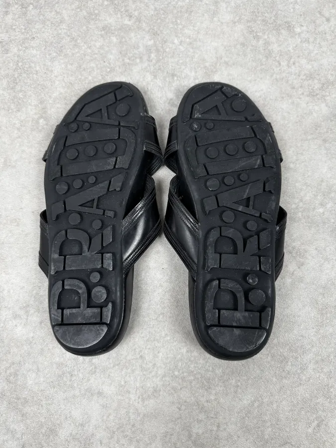 Prada Black Cross Leather Band Sandals - Image 5