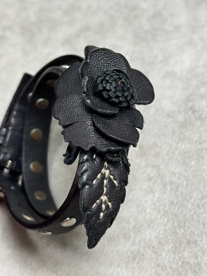 Prada Black Floral Studded Leather Bracelet - Image 6