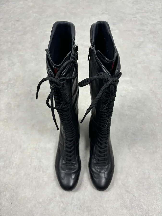 Prada Black Leather Biker Lace-Up Knee-High Boots - Image 3