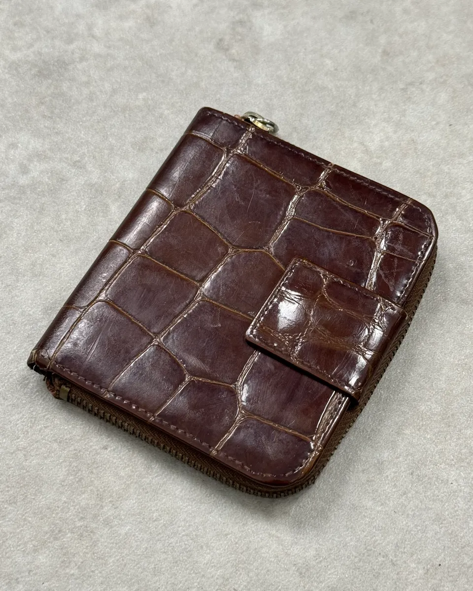 Prada Brown Crocodile Embossed Leather Zip Wallet