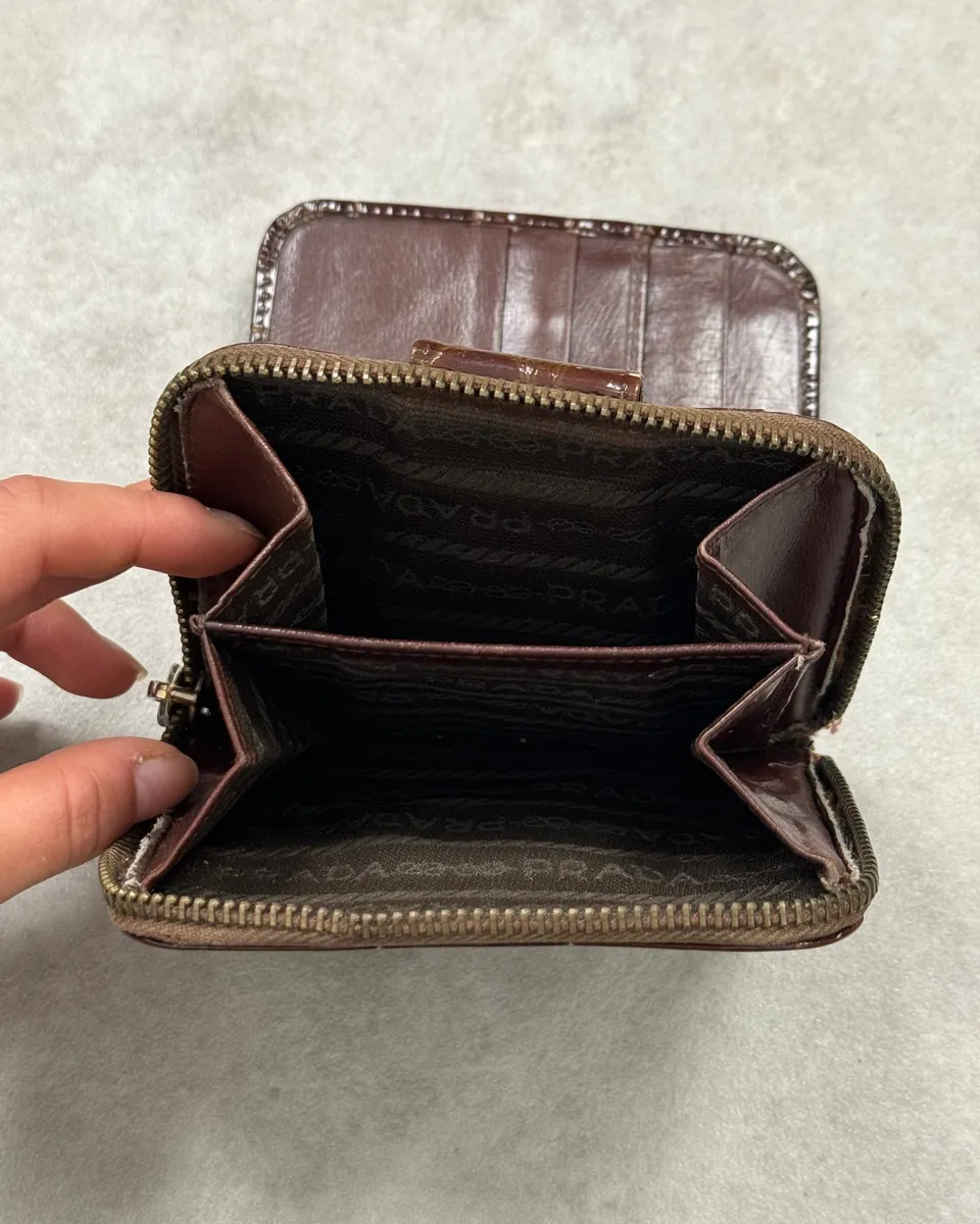 Prada Brown Crocodile Embossed Leather Zip Wallet - Image 3