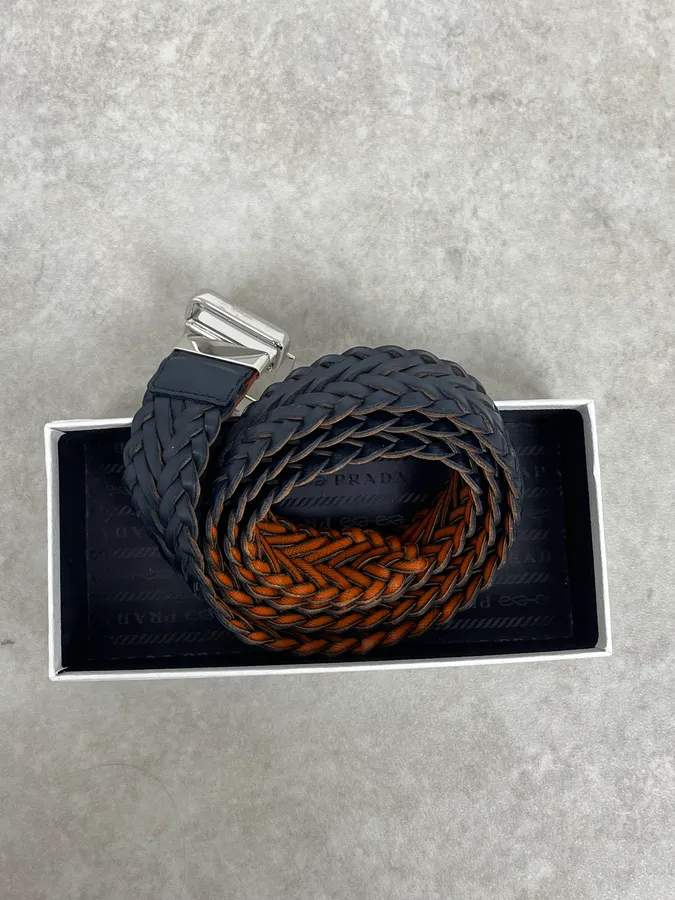 Prada Reversible Navy & Orange Woven Premium Leather Belt - Image 8