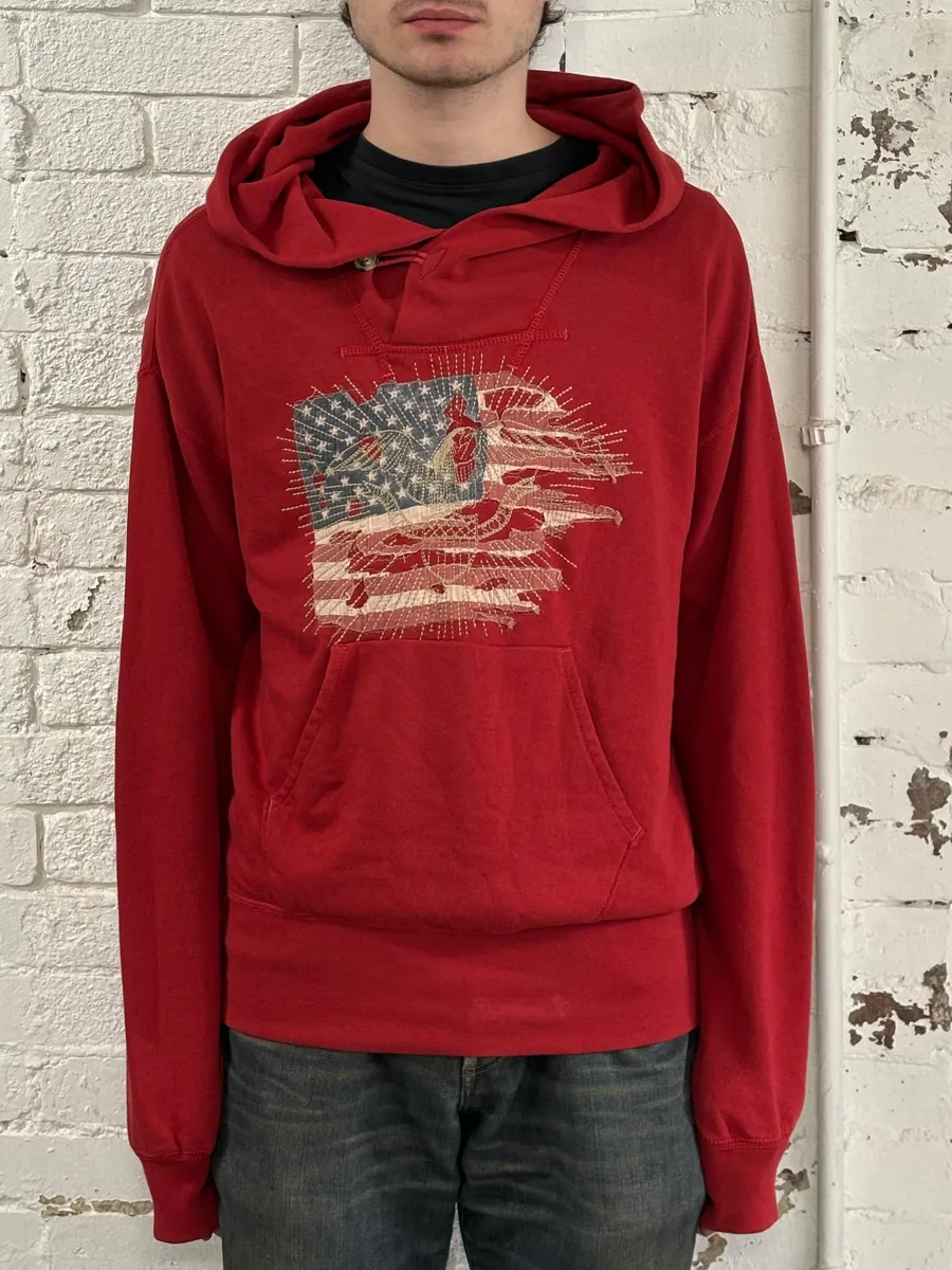 Ralph Lauren Denim & Supply Destroyed USA Flag Red Hoodie - Image 2
