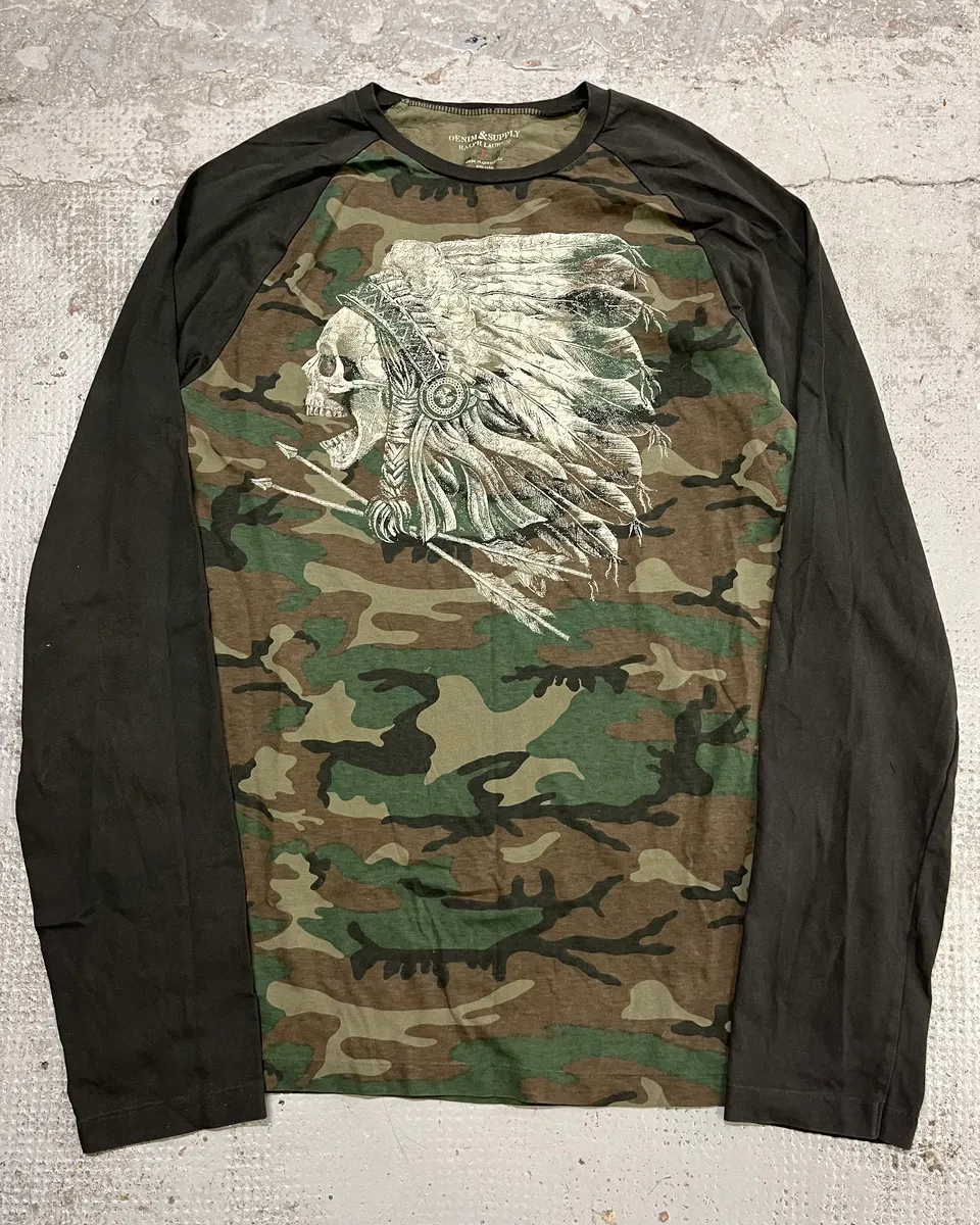 Ralph Lauren Denim & Supply Khaki Camo Indian Skull Graphic Longsleeve