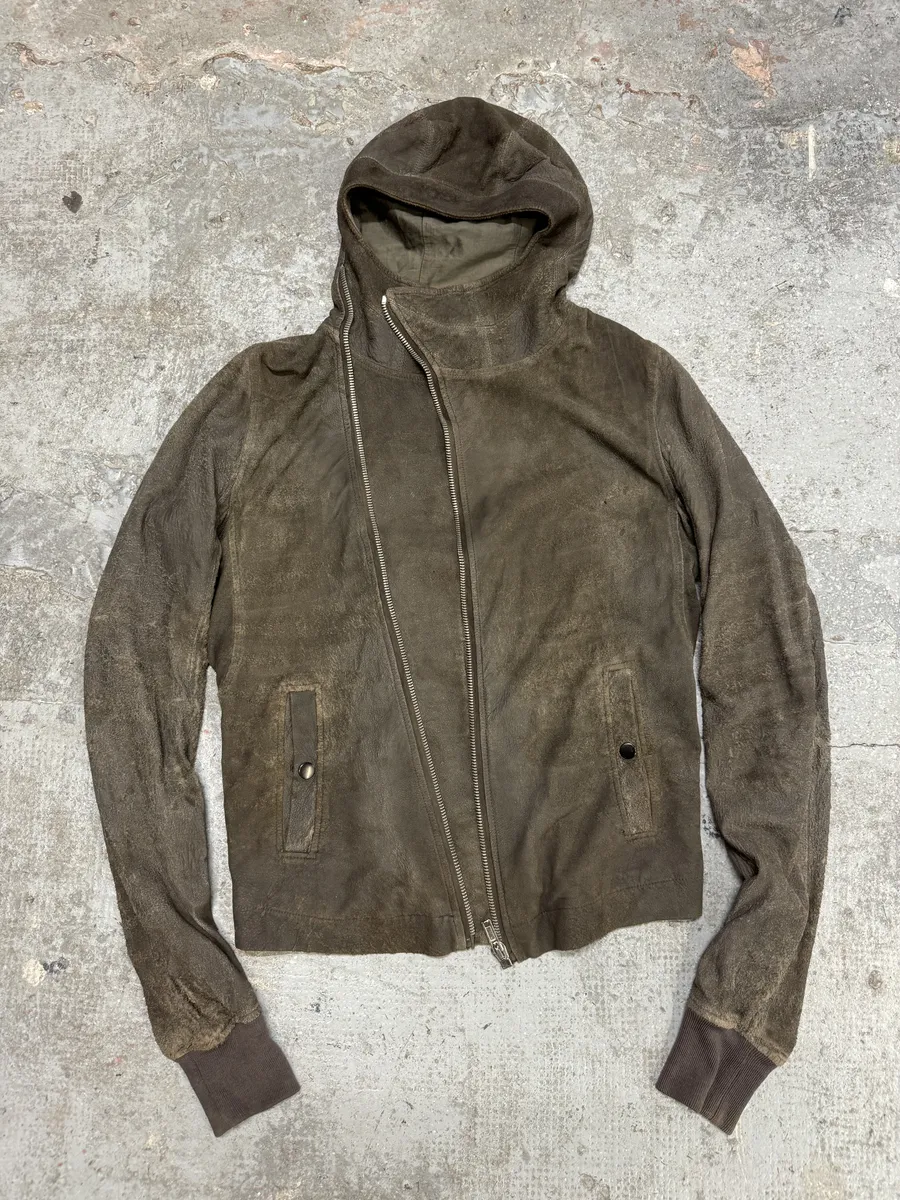 Rick Owens Asymmetrical Eroded Raw Hooded Lamb Leather Jacket - Image 6
