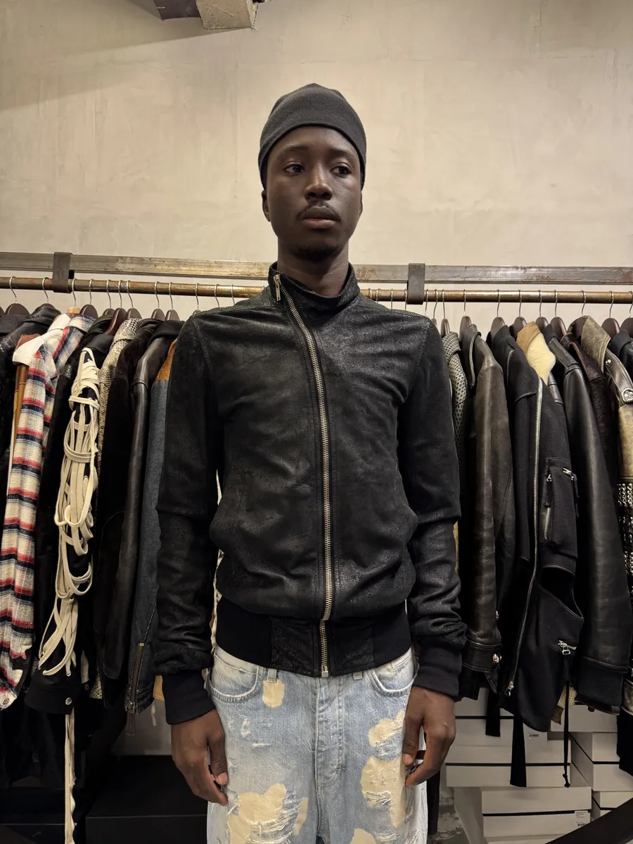 Rick Owens Asymmetrical Textured Black Leather Jacket - Image 3